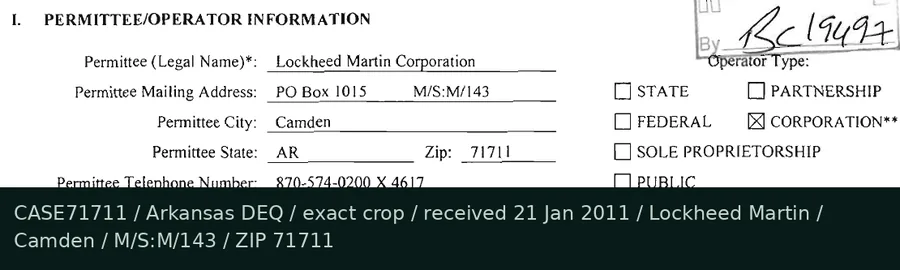 Lockheed Martin, Camden: PO Box 1015, M/S:M/143, ZIP 71711