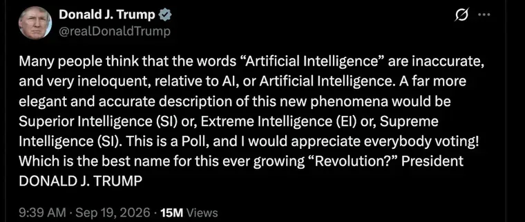 The 9.19.2026 poll on X: Superior Intelligence (SI) or, Extreme Intelligence (EI) or, Supreme Intelligence (SI)
