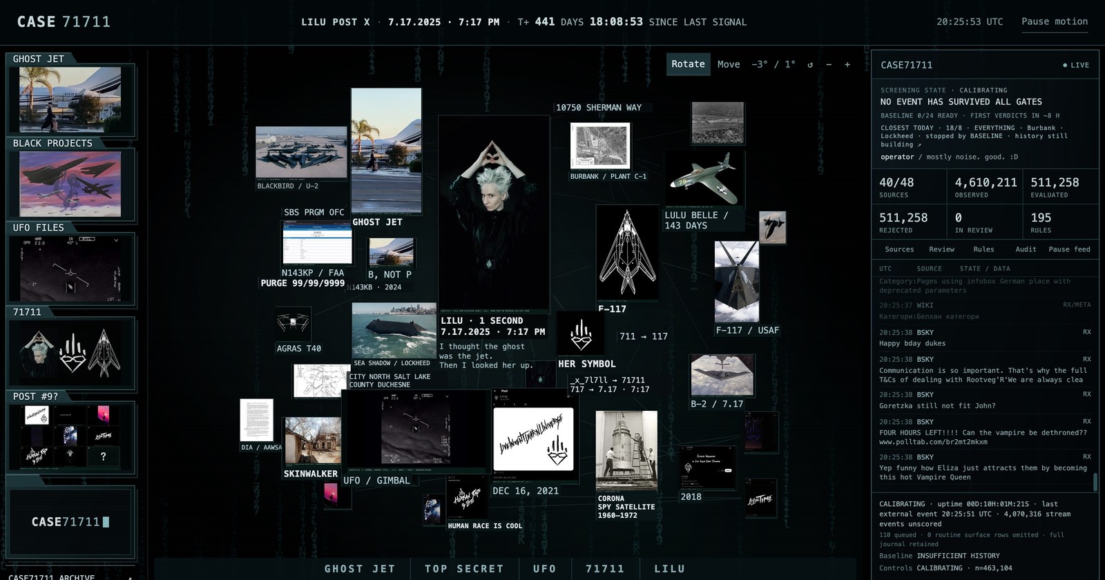 CASE71711, the interactive case file: the folders, the map with LILU Supreme Intelligence and the ghost jet, and the live terminal